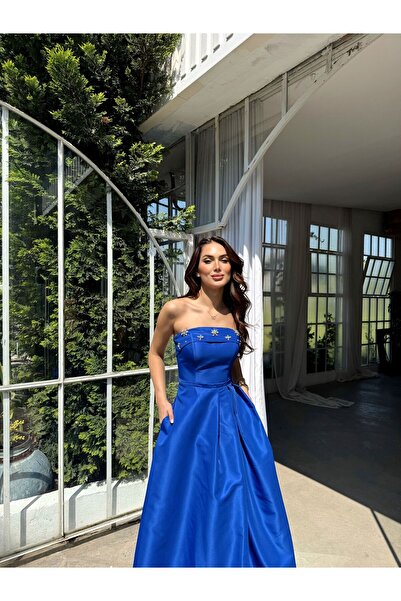 Sindimoda Hazel Straplez Işlemeli Saten Abiye 4747