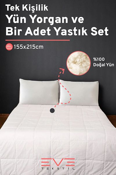 Eve Tekstil 100% Merino Lamb Wool Cotton Antiallergic Single Quilt Pillow Set 155X215 cm