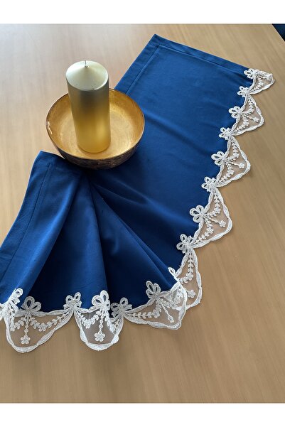 Hyatt Concept Lacivert kadife fransız dantelli tv konsol örtüsü runner