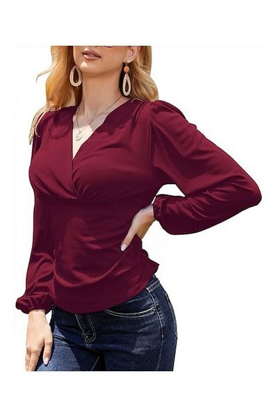 ANGGREK Long-sleeved blouse, deep V-neck, fitted, ANGGREK