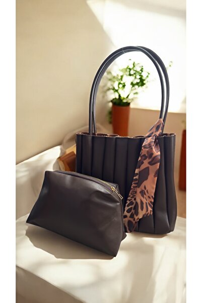 Satuna Kahverengi Kadın Omuz Çantası – Fular Detaylı, Mini Çantalı Ikili Şık Set