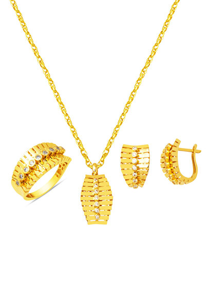 Bilezikci Sıralı Taşlı Üçlü Altın Spor Takı Seti 14 Ayar