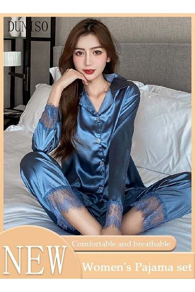 Generic Duniso Women's Two-piece Pajama Set Silk Satin Long Sleeve Nightgown Button-down Classic Homewear