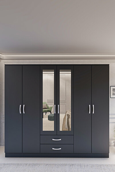 Metalia GM 0034 LÜX AYNALI 6 KAPILI 2 ÇEKMECELİ ANTRASİT GRİ GARDIROP