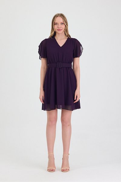 Ceylen Short Chiffon Dress with Belt Detail