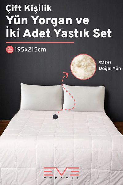 Eve Tekstil Merino Lamb Wool Antiallergic Cotton Quilt and Pillow Set 195X215 cm