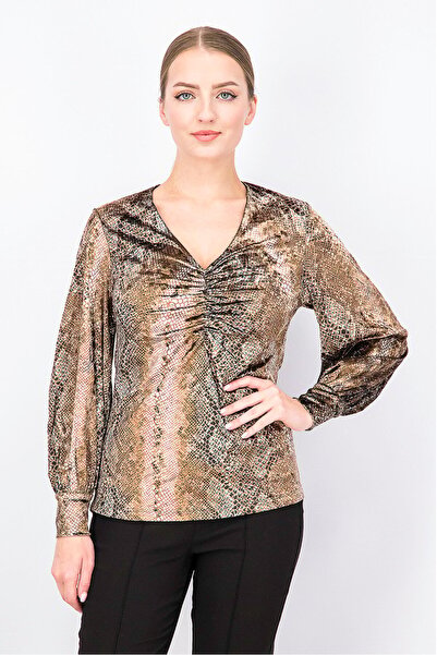 Uterqüe Women V-neck Long Sleeve Animal Print Top, Brown Combo