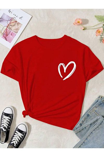vinraus Girl\Boy Red Minimal Heart Printed T-Shirt