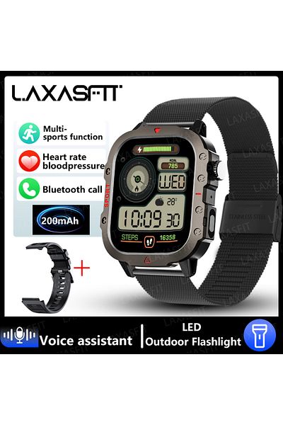 LAXASFIT Black Mesh Belt LAXASFIT New Military Smart Watch Men Outdoor Sports Fitness Tracker Health Monitor