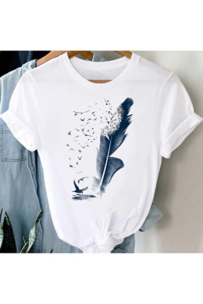 SeusCraft تي شيرت ريش الطيور - تي شيرت صيفي بأكمام قصيرة وطبعة بيضاء كبيرة ال...