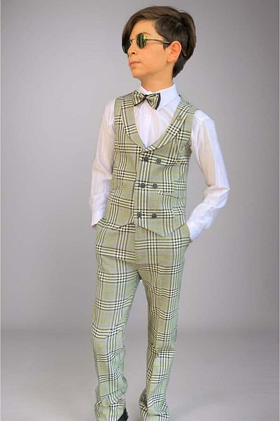 Riccotarz Vestă și pantaloni pentru băiat, în carouri, cu dungi, cu rever, costum verde