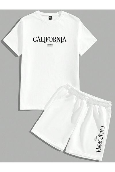 SeusCraft California Design T-Shirt Shorts - White Bottom Top Set Shorts T-Shirt Combo Printed Crew Neck