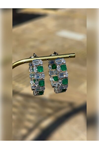 Jewel İTHAL YEŞİL BEYAZ TAŞLI BÜYÜK GÜMÜŞ HALKA KÜPE