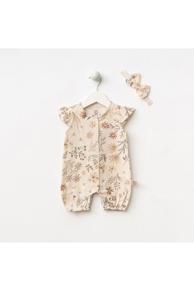 Pure Kids Store 100% Organic Cotton Muslin Fabric Baby Girl Floral Patterned 2-Piece Jumpsuit Set with Snap Fasteners