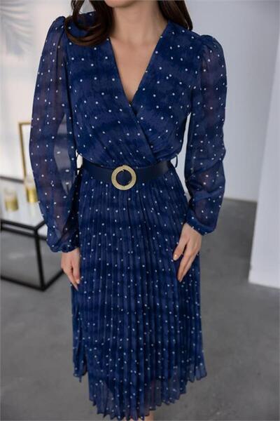 Dipmoda Kemer Detaylı Puantiye Desenli Şifon Elbise NBMY3286