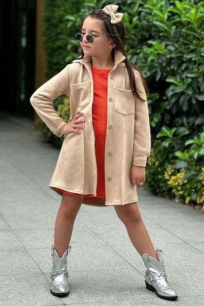 Riccotarz Girl's Belt Detailed Nubuck Jacket Twill Long Sleeve Orange Dress