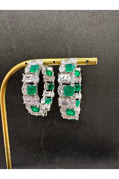 Jewel İTHAL YEŞİL BEYAZ TAŞLI BÜYÜK GÜMÜŞ HALKA KÜPE