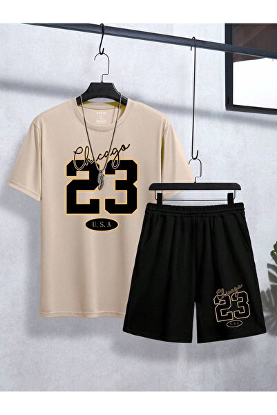 SeusCraft Μπεζ Μαύρο T-Shirt Chicago 23 - Σετ Σορτς και Μπλουζάκι με Στάμπα κ...
