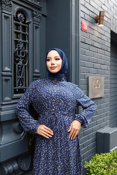 modessia ΓΥΝΑΙΚΕΙΟ Φόρεμα Navy Blue 100% βισκόζη βαμβακερό λουλουδάτο μοτίβο V9541