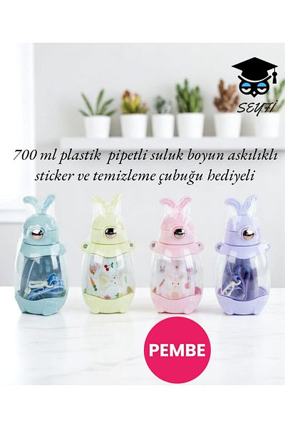 SEYFİKİRTASİYE 700 ml Plastic Straw Bottle with Neck Strap Sticker and Cleaning Stick
