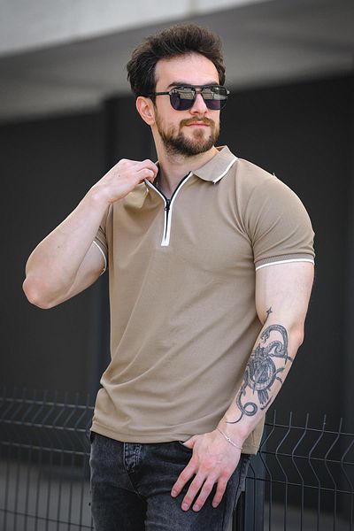 Oksit Ανδρικό μπλουζάκι με ριγέ γιακά Calep Slim Fit με φερμουάρ Polo