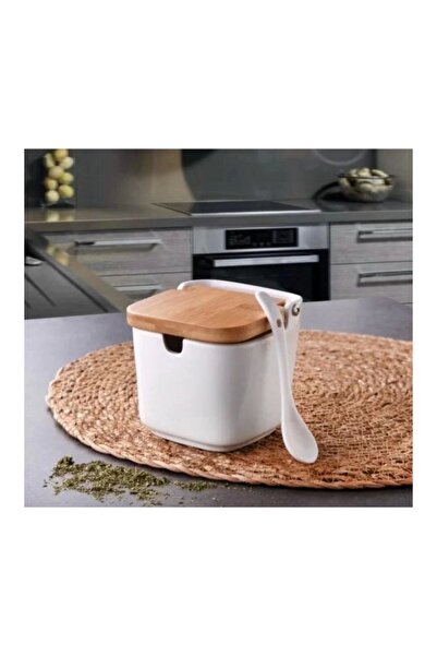 GÖNÜL GNL 3451 - 9x9x9cm Porcelain Salt Storage Container with Spoon