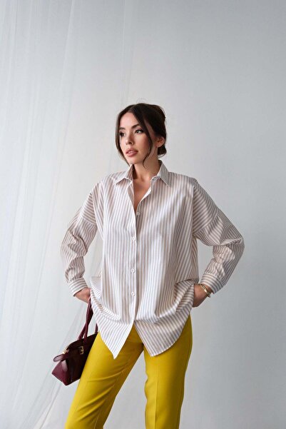 Hatun Atila Модерна риза с дълъг ръкав на райета - бяла норка