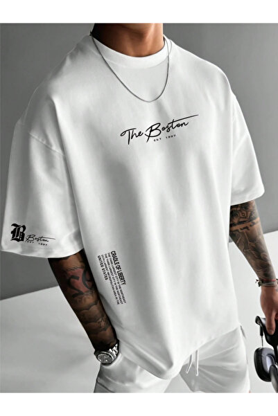 Revasser Unisex Erkek/Kadın THE BOSTON Özel Baskılı Oversize Pamuklu Bisiklet Yaka T-Shirt