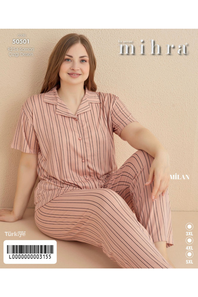 Mihra Milan Kumaş Battal Beden Yakalı Düğmeli Pijama Takımı