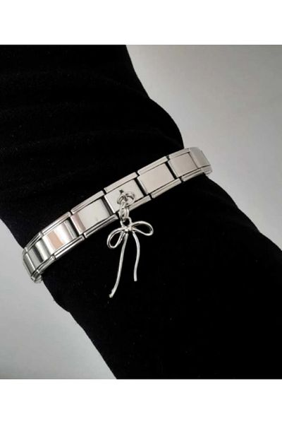Ervalina Guaranteed Italian Charm Steel Bracelet and Ribbon Charm Silver Color