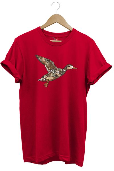 WİDİ Hunting Duck Hunting Printed Camouflage Pattern Duck Design 100% Cotton Regular Fit Red T-Shirt