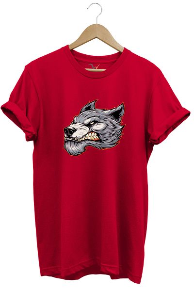 WİDİ Angry Aggressive Wolf Design Printed 100% Cotton Regular Fit Crew Neck Premium Red T-Shirt