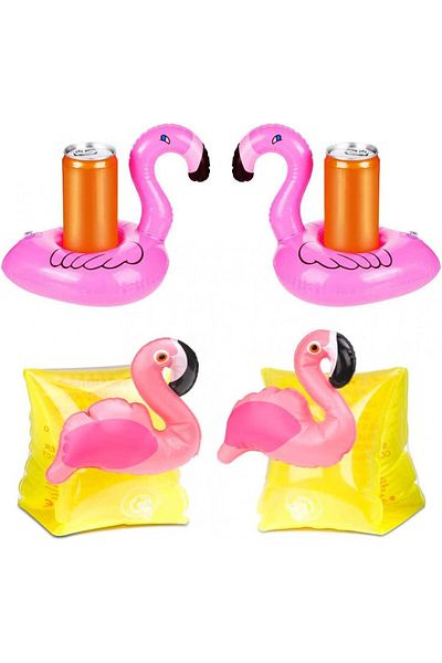 JAHEMU Set Of 4 Inflatable Pool Toys , Pvc, Pink/yellow, 17 X 20 Cm / 16 X 20 Cm