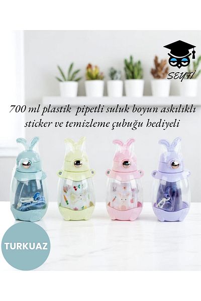 SEYFİKİRTASİYE 700 ml Plastic Straw Bottle with Neck Strap Sticker and Cleaning Stick Gift