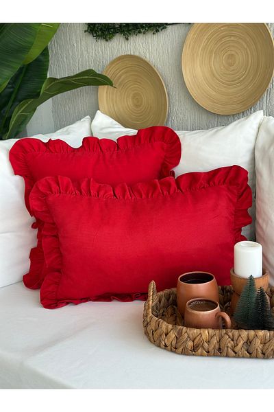 Decamor home Vintage Velvet Textured Red Ruffled Throw Pillow Cover 1 Pc