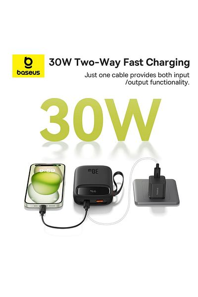 Baseus Baseus QPow2 10000mAh 30W Power Bank with Built-in Dual Type-C Cables & Digital Display Black