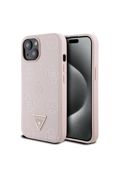 Guess iPhone 15 uyumlu Kılıf Guess Lisanslı M-safe Şarj Özellikli Üçgen Logolu PU Deri Peony Kapak Pembe
