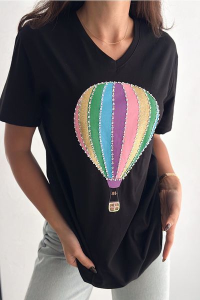 FEMELLE Tricou negru pentru femei, cu decolteu în V, cu paiete cu paiete, brodat, 100% bumbac