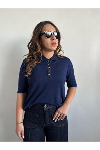 Gizybutik Gold Düğmeli Polo Yaka Kısa Kol Triko