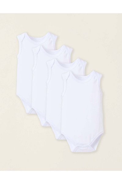 Ziddy Pack of 4 Sleeveless Cotton Bodysuits for Babies, White