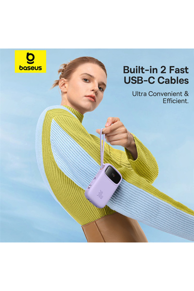 Baseus بنك طاقة Qpow2 بسعة 20000 مللي أمبير/ساعة وقوة 30 واط مع كابلات Type-c مدمجة وشاشة رقمية، لون أسود