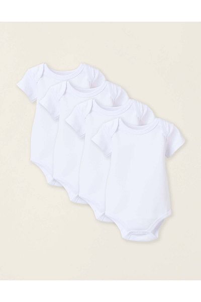 Ziddy Pack of 4 Short Sleeve Cotton Bodysuits for Baby, White