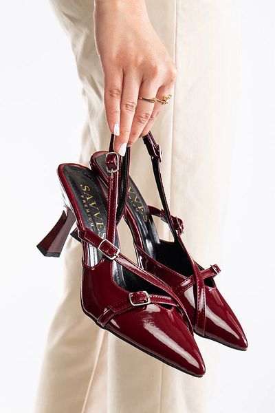Savves Women's Burgundy Patent Leather Double Banded Buckle Detailed Light Classic Heeled Shoes