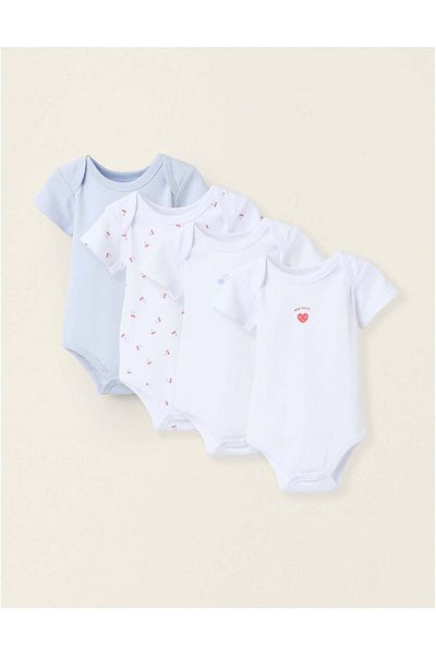 Ziddy Pack of 4 Short Sleeve Bodysuits for Baby Girls 'Hearts', White/Blue