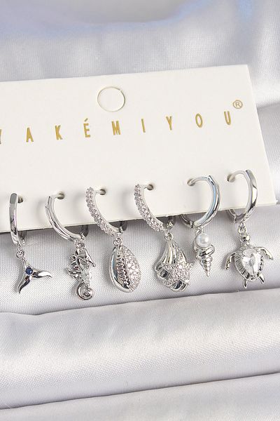 Skygo Brass Silver Color Zircon Stone Seashell Model Turtle Detail Women's Earrings Combination - Tj-Bkp10456
