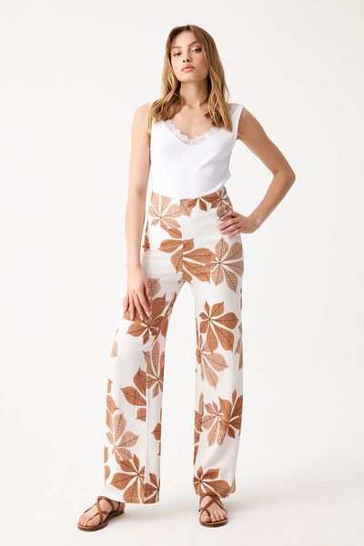 Know Women's Camel-White Floral Patterned Tube Leg Trousers