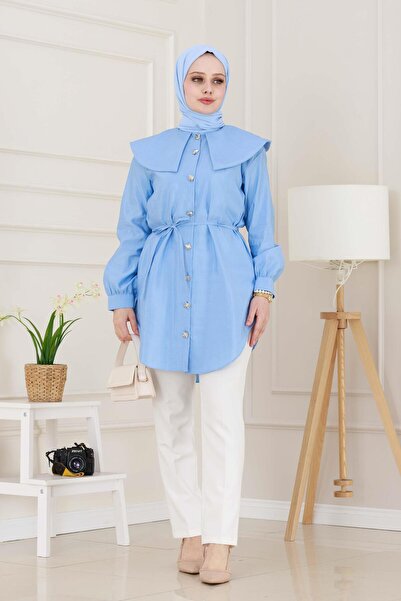 Sevitli Tunica cu guler lat cu detaliu din dantela la talie - albastru bebelus