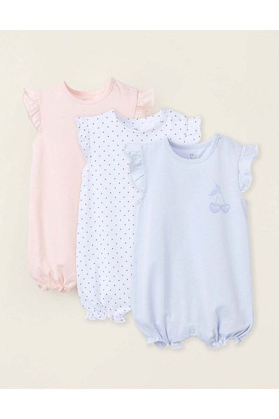 Ziddy Pack of 3 Cotton Romper-Pyjamas for Baby Girls, Blue/Pink/White