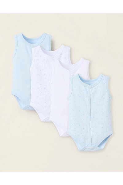 Ziddy Pack of 4 Sleeveless Cotton Bodysuits for Baby Boys, White/Blue