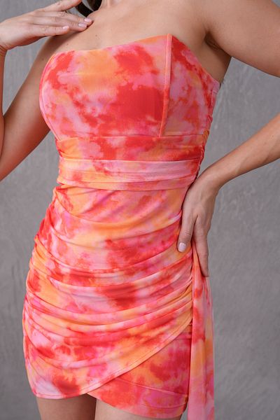 bayansepeti Orange Sky Pattern Strapless Draped Mini Dress for Women 169 Model